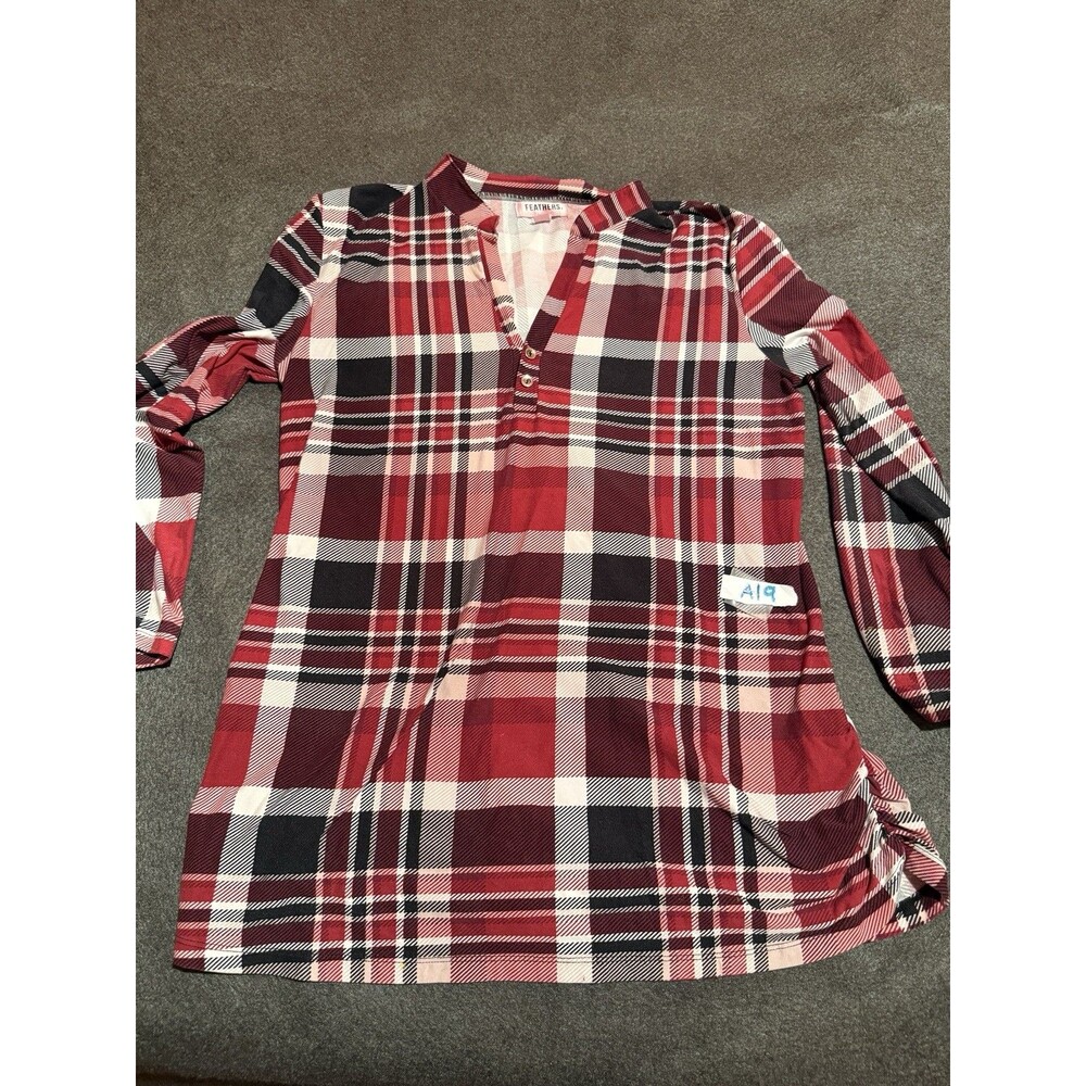 Feathers Womens Pajama Shirt S Small Red Plaid Long Sleeve Top V Neck
